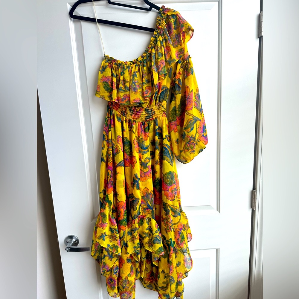 Misa one shoulder midi dress with handkerchief hem and beautiful floral print